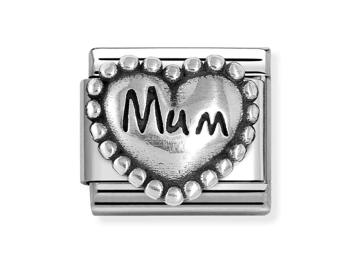 Mum-Kugelherz Element aus Sterling Silber von Nomination, mit eingraviertem Wort Mum in der Mitte und einer Perlenumrandung, neu und elegant gestaltet.