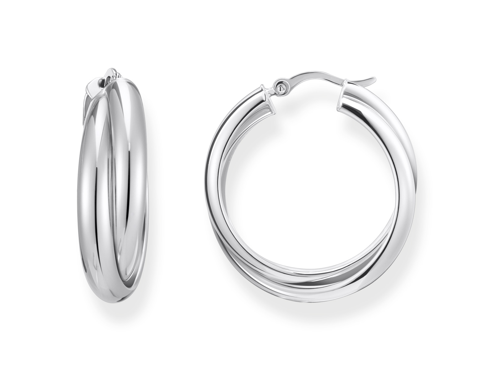 Zwei elegante Creolen aus Silber im modernen Design von Thomas Sabo, die geschwungenen Formen verleihen einen zeitlosen Look, ideal für verschiedene Anlässe, Neuheiten im Sortiment.