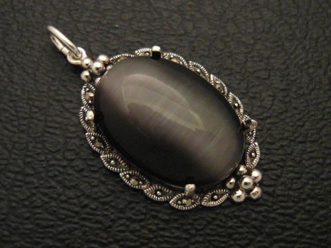 Cabochon - Katzenauge - schwarz - Silber Medaillon Anhänger