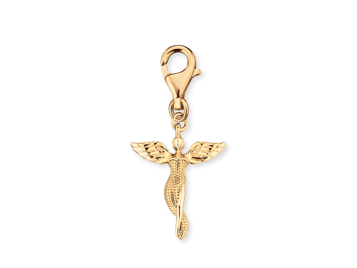 Charm Engel aus gelbgold vergoldetem Silber von Engelsrufer, detailreich gestaltet mit Flügeln und einer geschwungenen Form, ideal als Schmuckstück oder Geschenk.