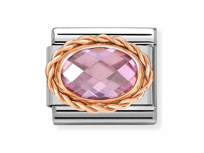 Edelstahl- und Roségold-Charm von Nomination mit einem ovalen Zirkonia in Rosa, umgeben von einem geflochtenen Roségold-Rahmen, ideal für individuelle Armbänder.