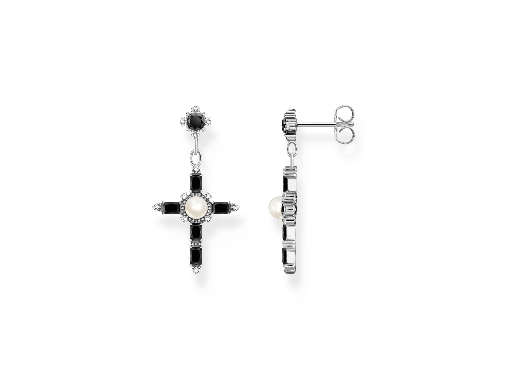 Schwarze und silberne Thomas Sabo Kreuz True Romance Ohrringe mit Süßwasserzuchtperle und Zirkonia-Elementen, elegante und auffällige Schmuckstücke für besondere Anlässe.