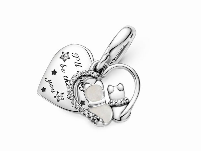 Pandora Silber Katzen 799546C01 Silber charm mit Zirkonia und Emaille in Multicolor, bestehend aus einem herzförmigen Anhänger und zwei Katzenfiguren, verziert mit funkelnden Steinen.