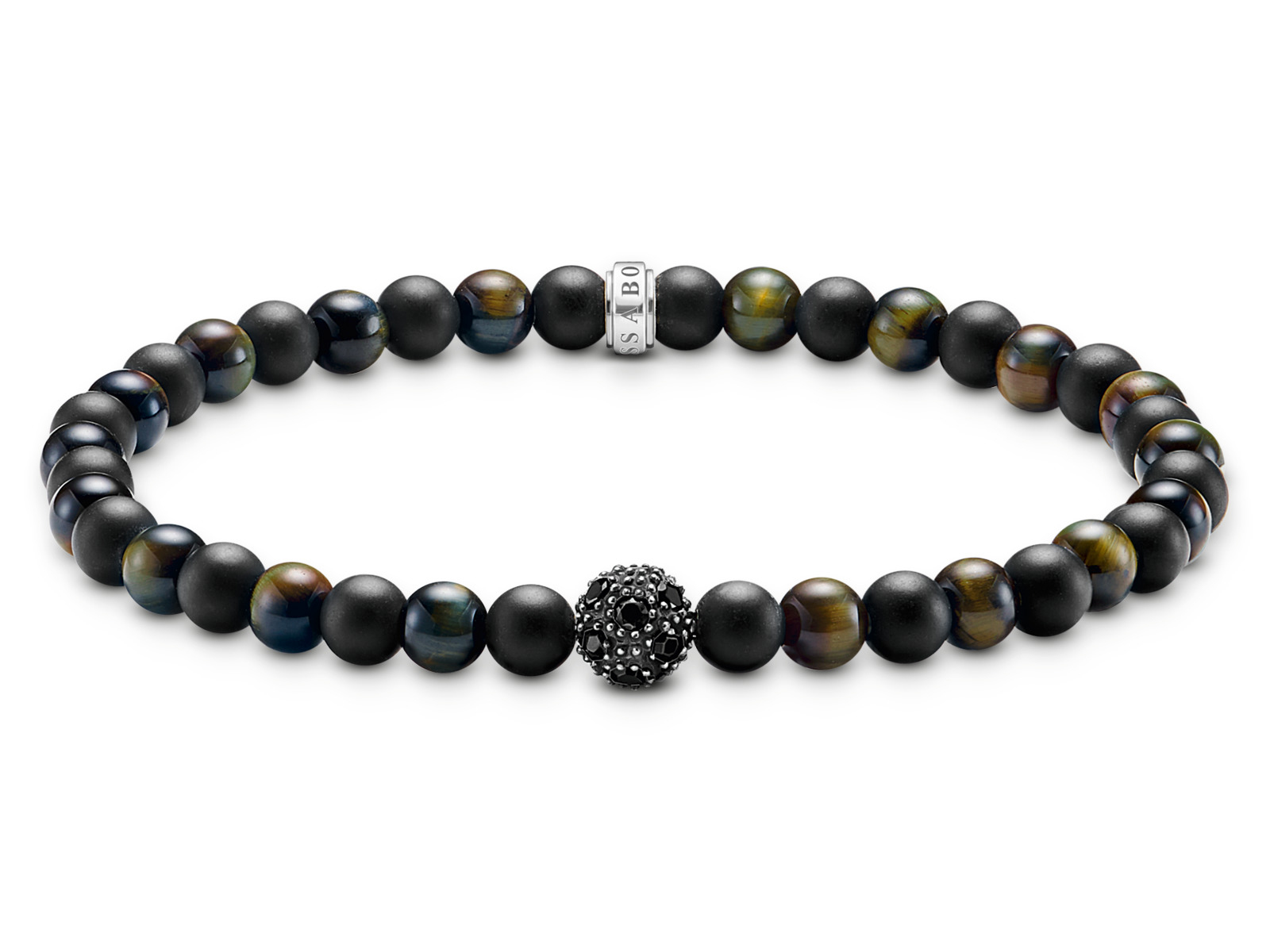 Buntes Thomas Sabo Armband aus Obsidian und Tigerauge mit schwarzer Perle, gefertigt aus Silber geschwärzt, Länge 19 cm, stilvoll für modische Akzente.