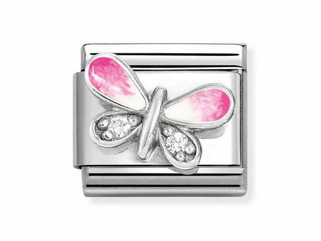 Nomination Classic Silber 330321 09 - Schmetterling - Rosa-Weiss - Zirkonia & Emaille - Weiß