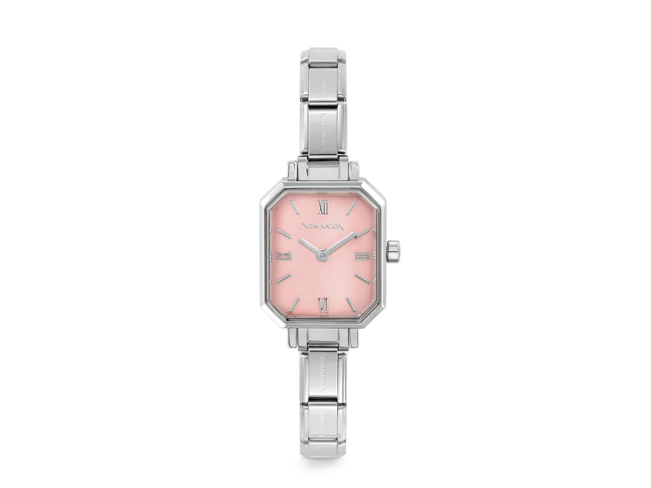 Moderne Pastellrosa Uhr von Nomination mit einem eleganten achteckigen Ziffernblatt und Edelstahlarmband, ideal für stilbewusste Trägerinnen, Neuheiten aus der PARIS-Kollektion.