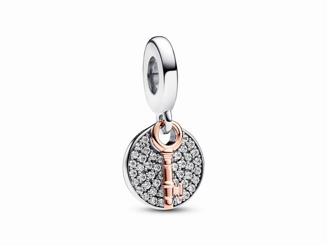 Pandora 783236C01 Bicolor Schlüssel zum Glück Doppelter Charm-Anhänger - Silber + Roségold Vergoldung - Zirkonia klar