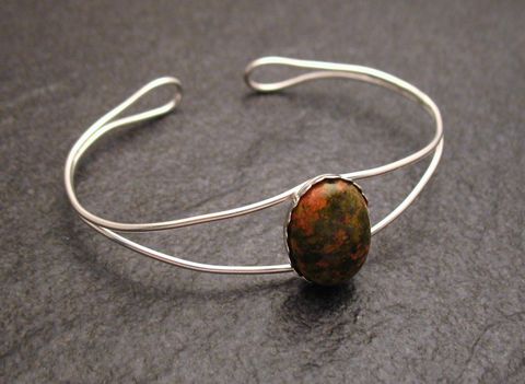 Unakite Stein Cabochon 17 cm Sterling Silber Armreifen