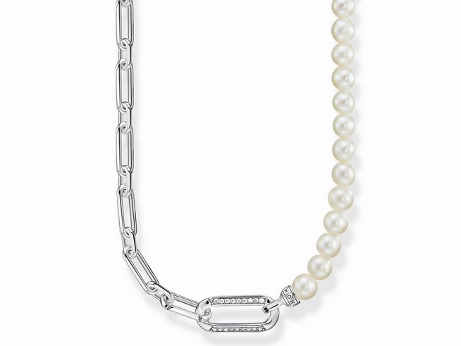 Thomas Sabo Kette aus Sterling Silber mit geschwungenen Gliedern, Süßwasserzuchtperlen und weißen Zirkonia, Länge 45 cm. Elegant und modern, ideal für jeden Anlass.