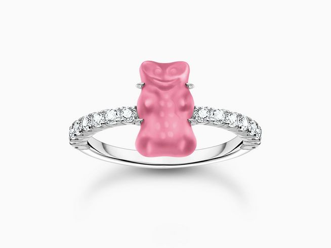 Thomas Sabo TR2459-052-9-56 HARIBO Ring mit Goldbär - Gummibärchen - Rosa-Pink Mini - Silber & Glas & Zirkonia - Rosa-Pink - Gr.