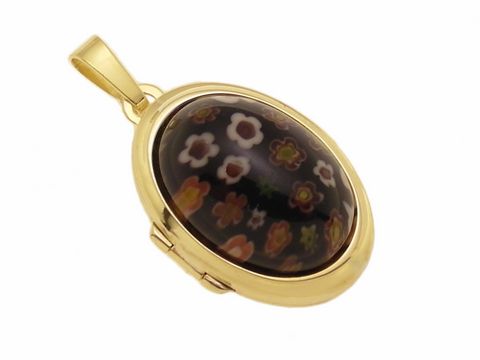 Millefiore Glas - schwarz Cabochon - Gold 585 Medaillon