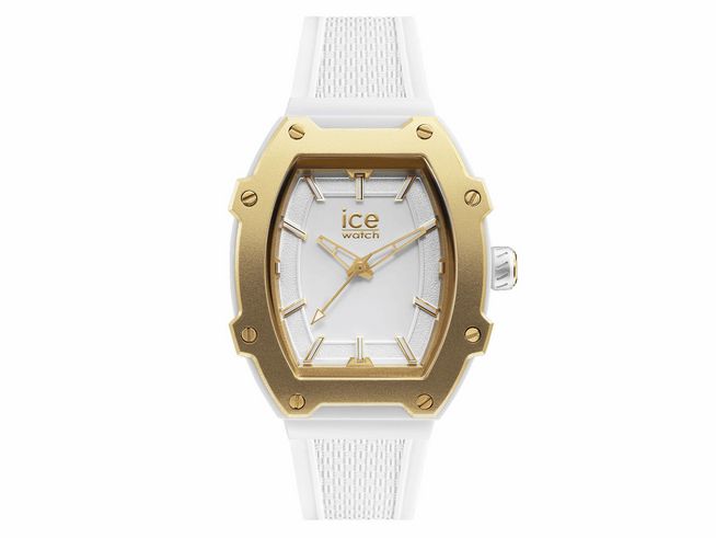 ICE boliday women Uhr in Weiß Gold mit quadratischem Gehäuse und goldenen Ziffernblatt, ausgestattet mit einem weißen Silikonarmband, modernes Design für jeden Anlass. Neuheit von Ice Watch.