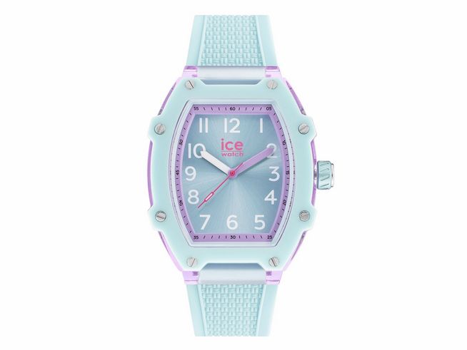 Die Ice Watch Uhr 023327 in Türkis Lila zeigt ein stylisches Gehäuse mit lila Zifferblatt und bunten Indexen, perfekt für Kinder. Ideal für den Alltag und aktive Abenteuer.