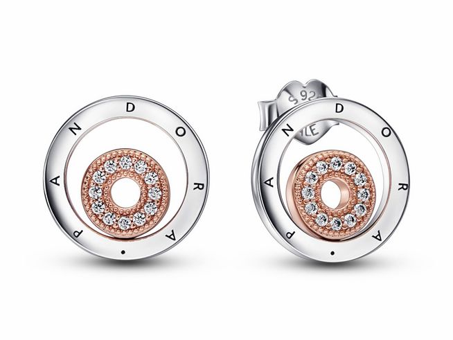 Pandora Signature Bicolor Logo Kreise Ohrringe - 282314C01 - 585 RoségoldVerg. + Silber + Zirkonia