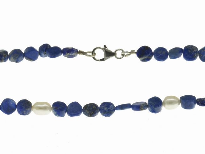 Steinkette - Lapislazuli + Süßwasser-Zuchtperlen 3-5,5 mm - Blau - Weiß - 45 cm - Silber