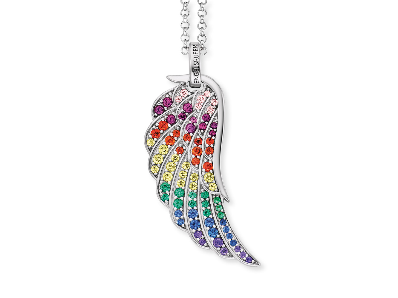 Kette mit Anhänger in Form eines farbenfrohen Flügels aus Zirkonia, gefertigt von Engelsrufer, in Silber rhodiniert, Länge 45 cm, funkelt in mehreren Regenbogenfarben.