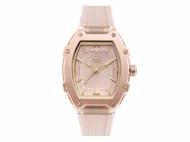 Die Ice Watch Uhr 023322 ICE boliday women in Rosa zeigt ein elegantes Design mit einem runden Gehäuse, leuchtenden goldfarbenen Akzenten und einem bequemen Armband in zartem Rosa.