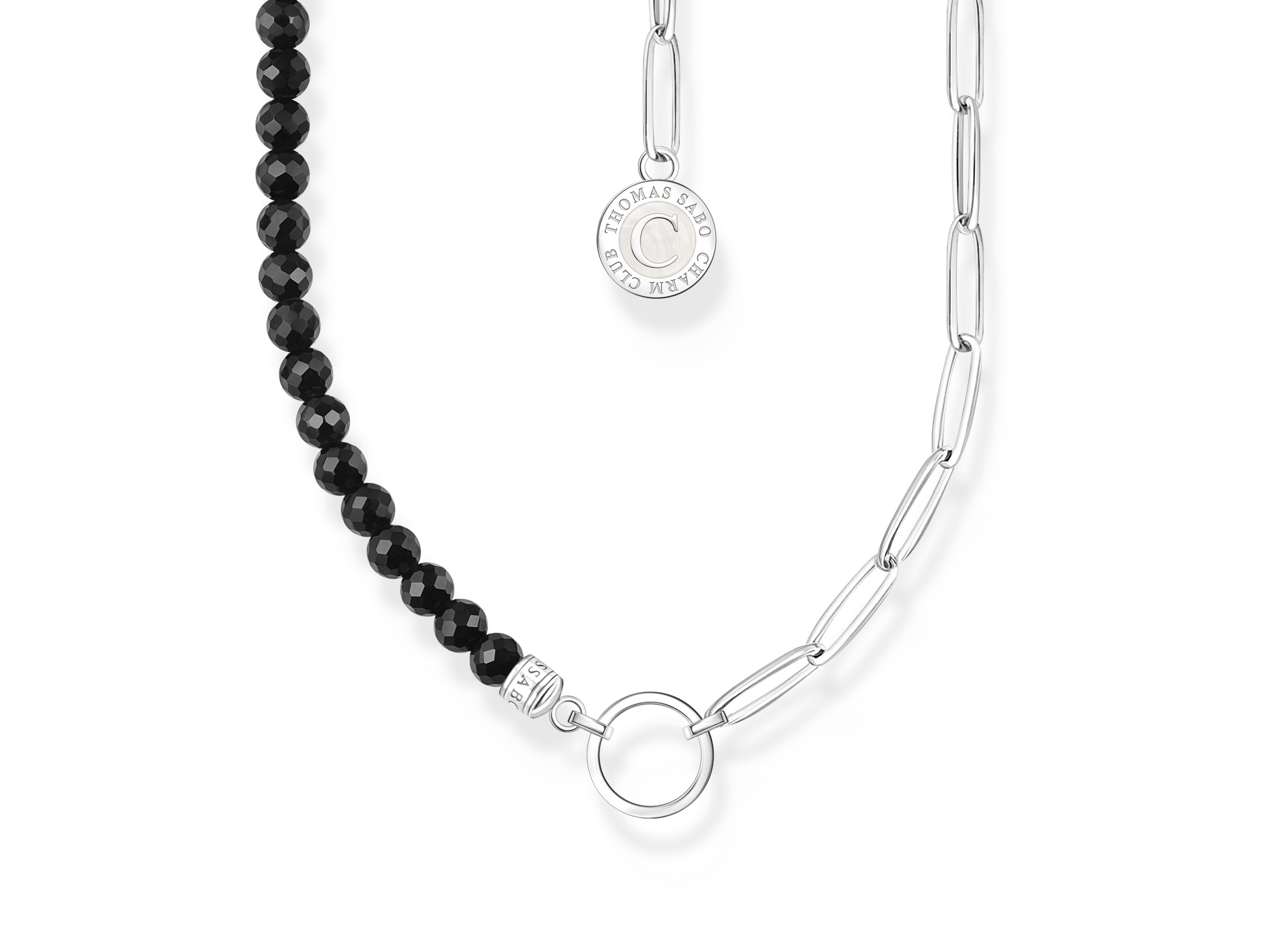 Eine elegante Kette von Thomas Sabo, Modell KE2189-148-11-L45V, kombiniert schwarze Obsidianperlen mit silbernen Kettengliedern und einem charmanten Anhänger. 