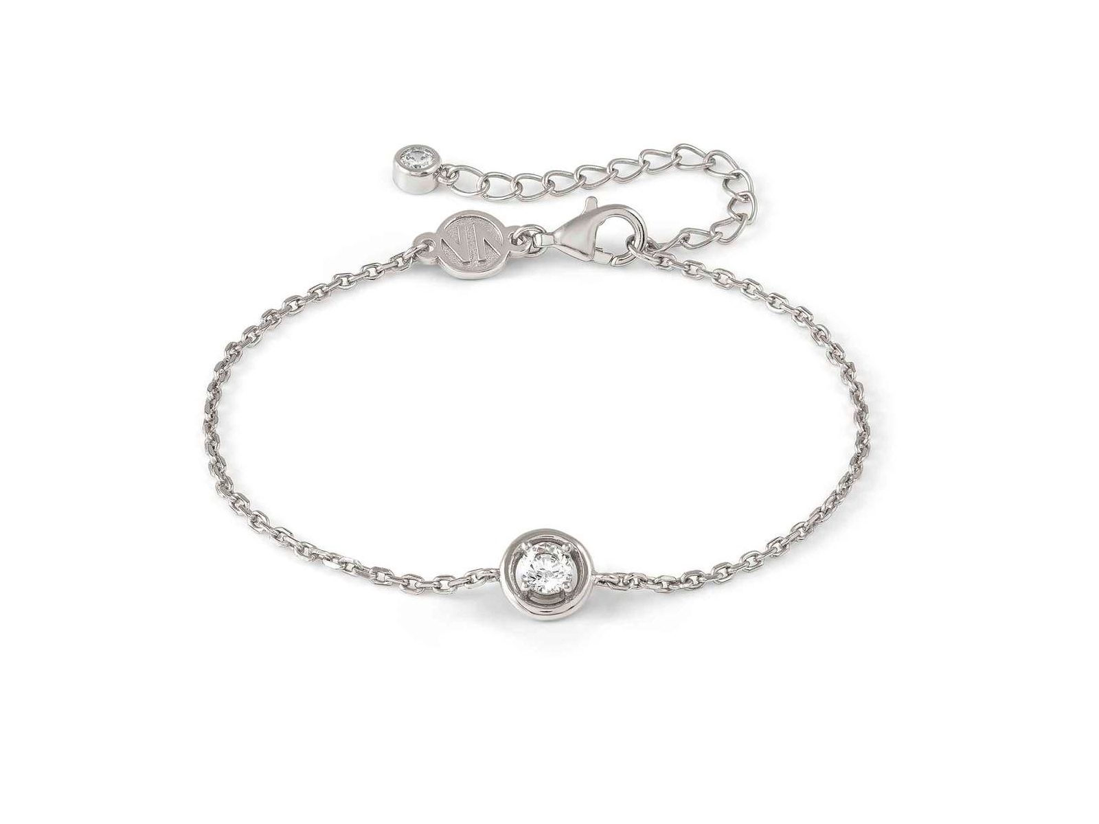 Ein zartes rhodiniertes Armband aus Sterling Silber mit einem ovalen Anhänger und glänzendem Stein in der Mitte, verstellbar von 15 bis 19 cm, aus der Kollektion Cosmiclove von Nomination.