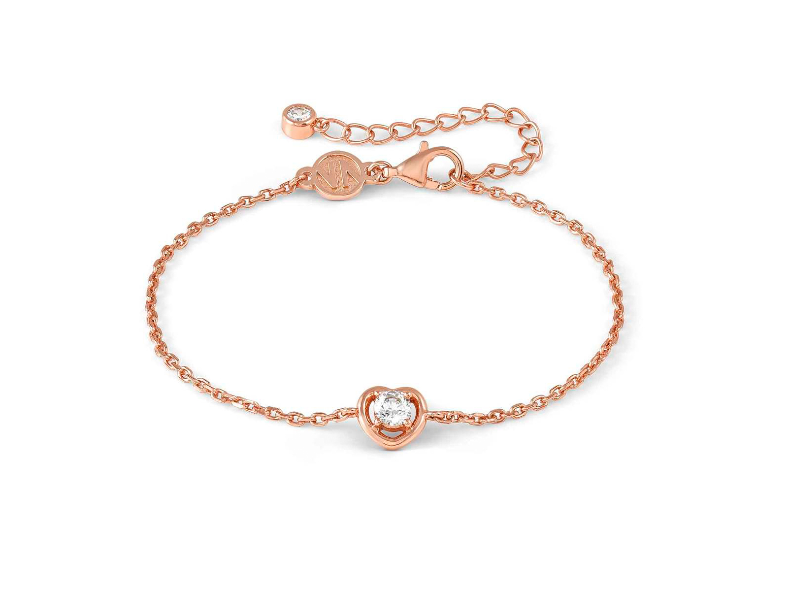 Rosévergoldetes Armband aus Sterling Silber von Nomination mit Herzanhänger und Zirkonia, Teil der Cosmiclove Kollektion, verstellbar von 15 bis 19 cm.