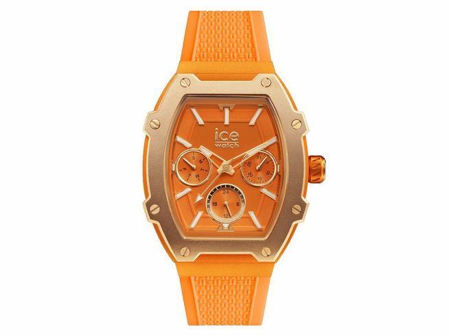 ICE boliday Orange Uhr von Ice Watch in vibrantem Orange mit goldfarbenem Gehäuse und drei Zifferblättern für zusätzliche Funktionen, geeignet für den Alltag und stilbewusste Auftritte.