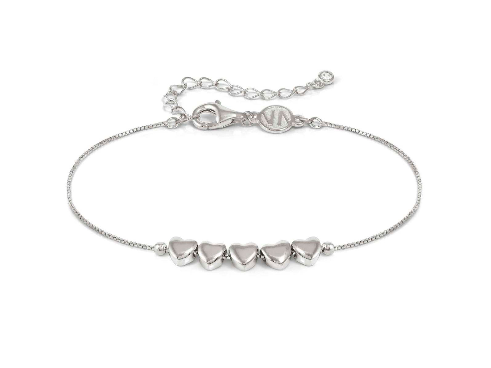 Rhodiniertes Armband aus Sterling Silber mit herzförmigen Anhängern und einer verstellbaren Kette von 15 bis 19 cm, ideal für romantische Anlässe. Hersteller ist Nomination, Kollektion Armonica.