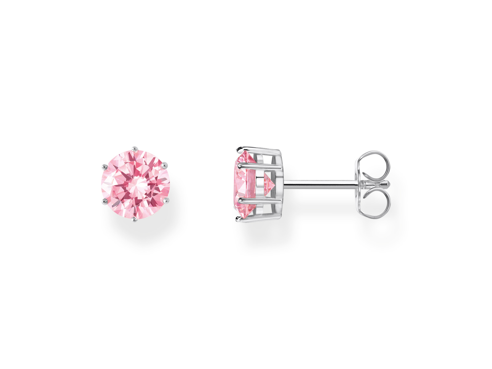 Zwei pinke Ohrstecker aus Silber mit Zirkonia, der eine zeigt die Frontansicht und der andere die Rückseite mit Schließe, funkelnd und elegant, von Thomas Sabo, Neuheit.