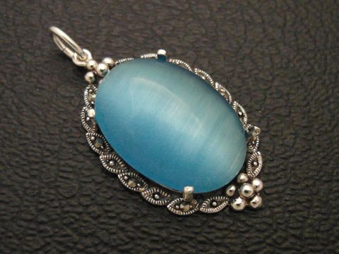 Cabochon - Katzenauge - türkisblau - Silber Medaillon Anhänger