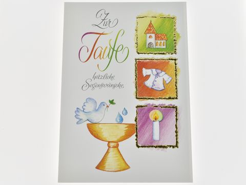 Taufkarte - Taufbecken und Taube, Kirche, Taufkleid und Kerze