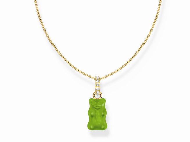 Kette von Thomas Sabo mit einem grünen HARIBO Goldbären Anhänger, verziert mit Zirkonia, an einer vergoldeten Silberkette, ideal für einen verspielten Look.