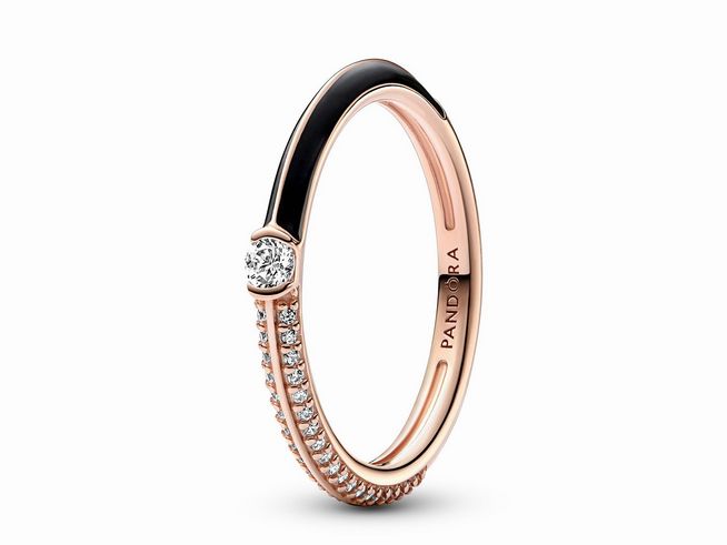 Pandora ME Ring 182528C01-54 mit Pavé und schwarzem Doppelring aus Roségold Vergoldung, verziert mit schwarzen Zirkonia, Größe 54, elegant und stilvoll.