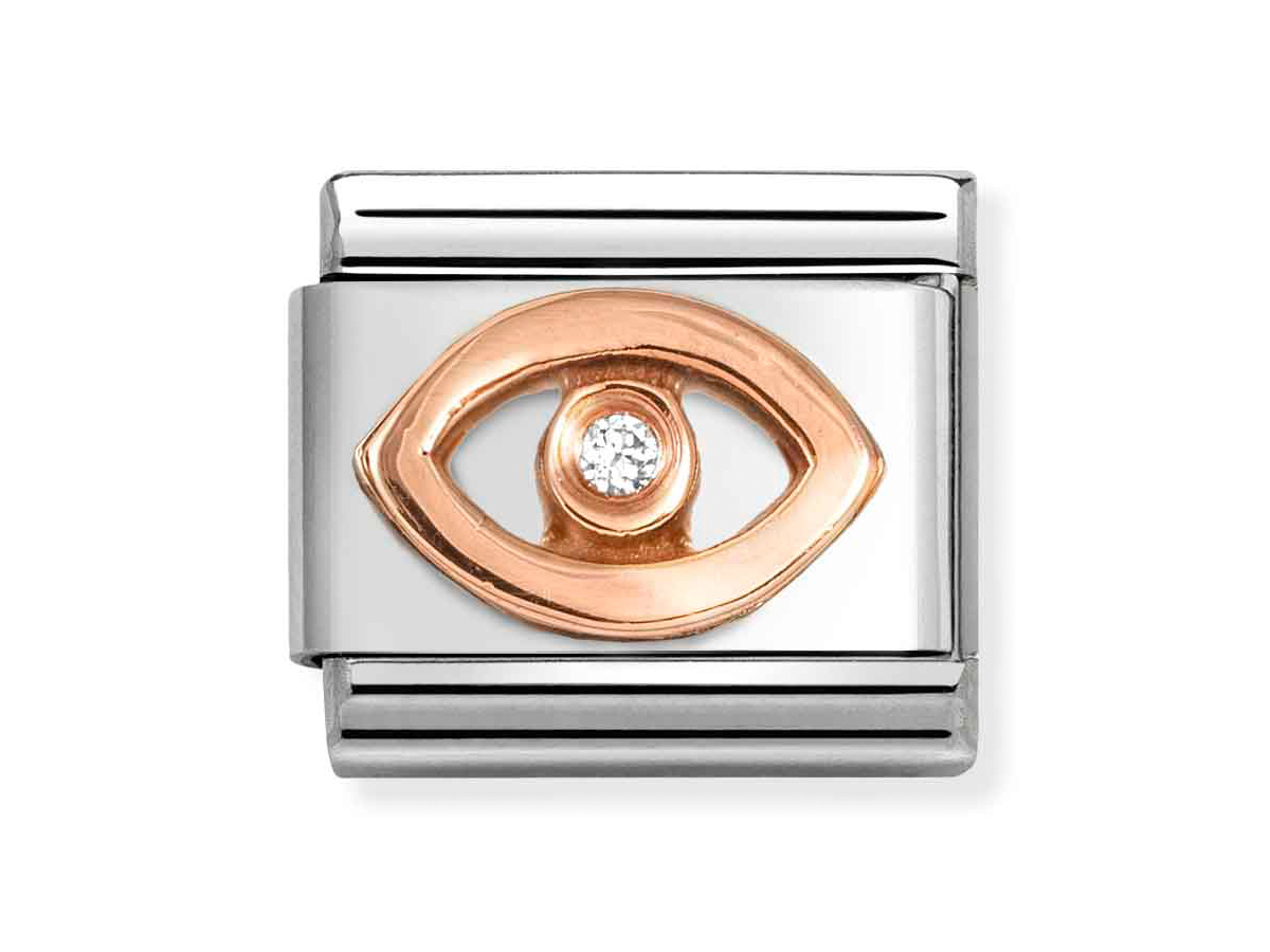 Schmuckelement von Nomination in klassischem Roségold mit einem stilisierten Auge und einem weißen Zirkonia, elegant in einem modernen Design, perfekt für persönliche Akzente.