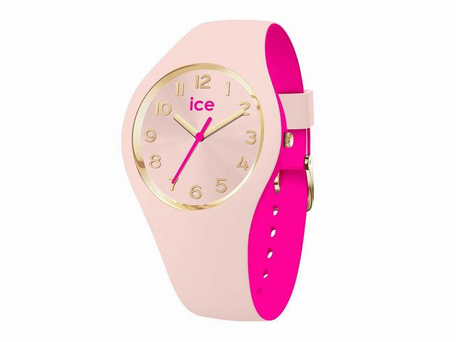 Ice Watch Uhr 023275 ICE duo chic in Rosa Pink, klassisches Design mit goldenen Akzenten, Ziffern auf Zifferblatt, sportives Silikonarmband in leuchtendem Pink, Größe Small.