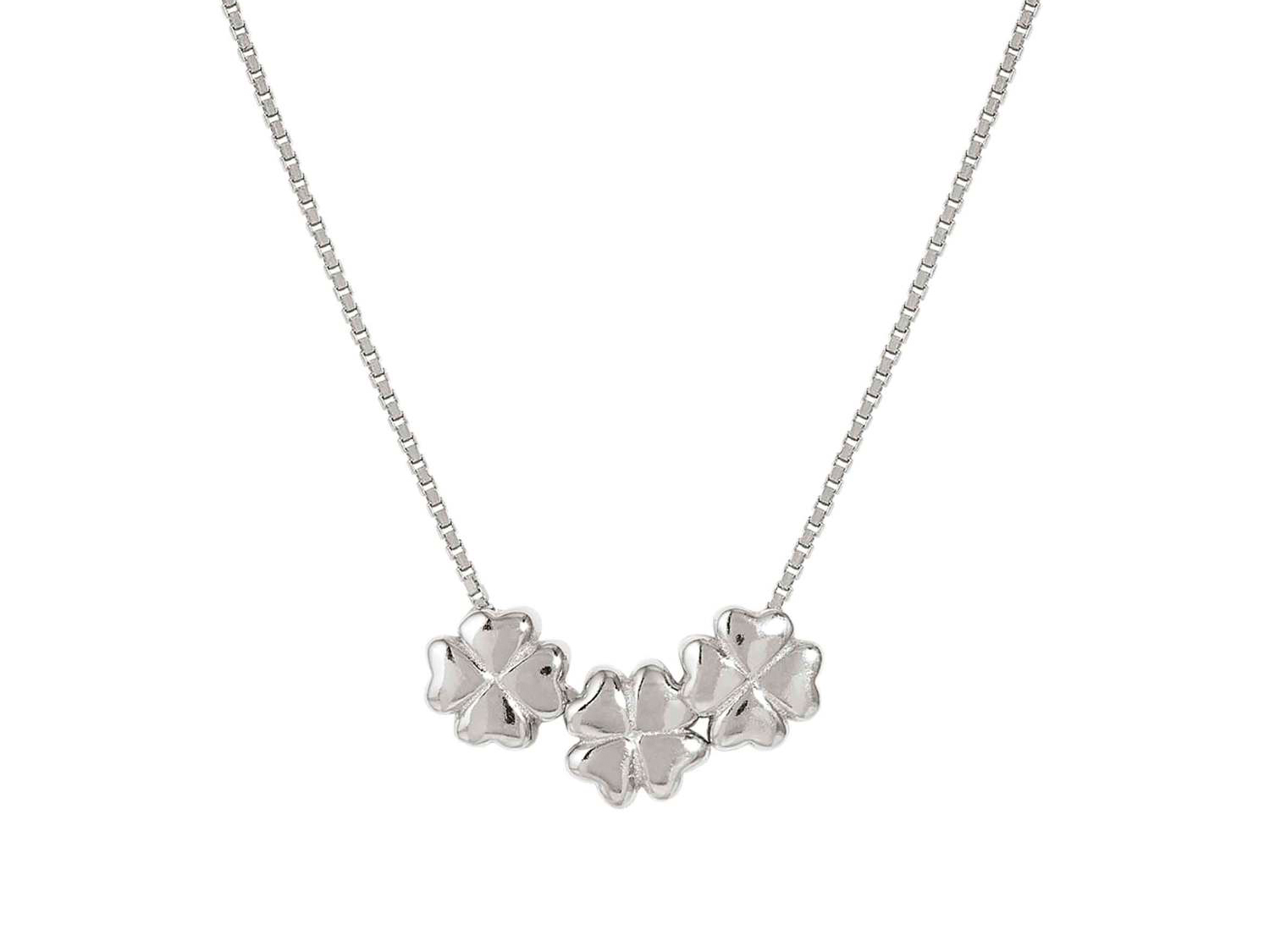 Rhodesiertes Collier von Nomination aus Sterling Silber mit drei Kleeblatt-Anhängern, verstellbare Länge von 36 bis 42 cm, elegant und modern gestaltet.