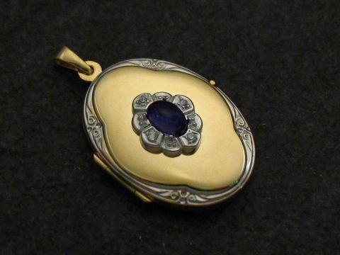 Iolite blau - Medaillon Cabochon Gold 333 bicolor + Brillanten