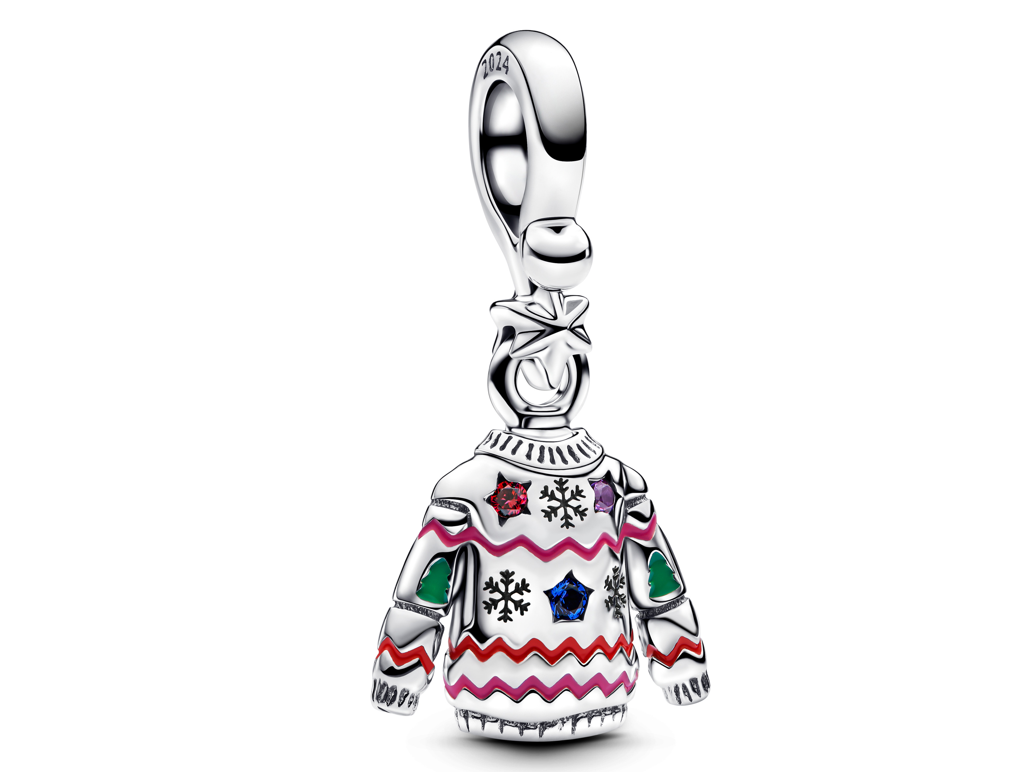 Pandora charm 793596C01 Weihnachtspulli aus Silber mit rotem Zirkonia - blauem und lilafarbenem Kristall