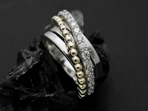 Silber Ring - Designmuster - modern - Zirkonia - bicolor - Gr. 56