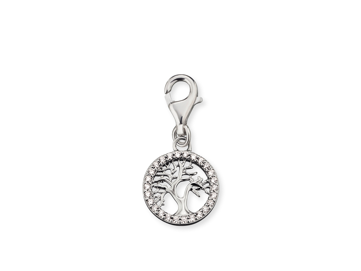 Engelsrufer Charm Lebensbaum aus rhodiniertem Silber mit Zirkonia, kreisförmige Anhänger mit Baummotiv und funkelndem Rand, ideal für Armbänder oder Ketten.