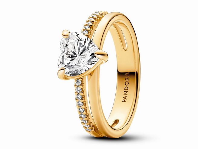 Doppelband Herz Ring von Pandora in Gelbgold vergoldet mit klarem Zirkonia. Der Ring hat die Größe 54 und ist elegant und funkelnd gestaltet. Perfekt für besondere Anlässe.