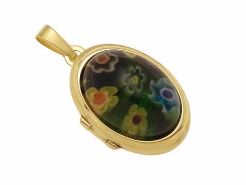 Millefiore Glas - grün Cabochon - Gold 585 Medaillon