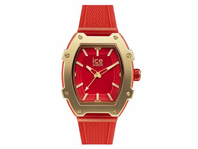 Ice Watch Uhr 023320 ICE boliday women Rot Gold zeigt ein auffälliges rotes Zifferblatt mit goldenen Akzenten und ein passendes rotes Silikonarmband in kleiner Größe. Ideal für trendbewusste Frauen.