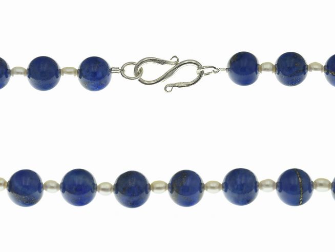 Steinkette 44 cm - Blau/Weiß - Süßwasser Zuchtperlen, Lapislazuli