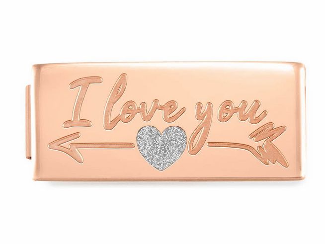 Edelstahl Charms in Roségold PVD-beschichtung mit der Aufschrift I love you und einem glitzernden Herz, umgeben von Pfeilen, ideal für individuelle Schmuckgestaltung.