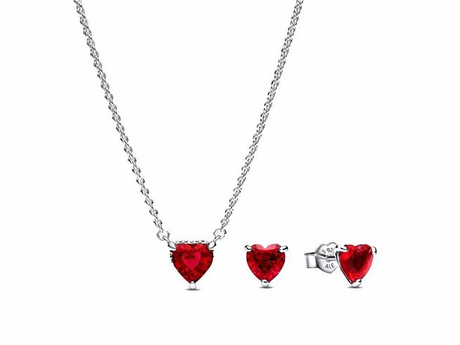 Pandora SET funkelndes Herz-Strahlenkranz 292549C01 + 392542C01-45 - Sterling Silber - Lovely Hearts - Zirkonia Rot