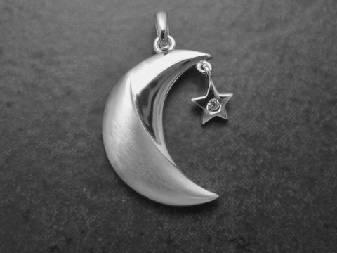 Anhänger - Mond mit Stern - Sterling Silber - teilmattiert - Zirkonia