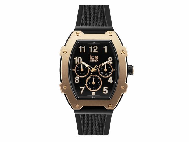 Schwarze Ice Watch Uhr 023315 ICE boliday men mit goldenen Akzenten, analoges Ziffernblatt, sportlicher Look, Silikonband, ideale Kombination aus Eleganz und Praktikabilität.