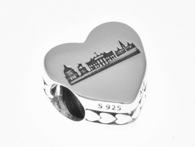 Pandora  Herz - Skyline von Kopenhagen + Schriftzug Copenhagen - 792015_E023 - Sterling Silber