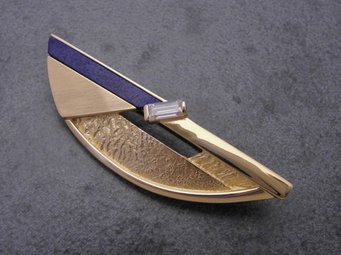 Gold Brosche - designorientiert - Gold 585 - Lapis + Zirkonia - Anstecknadel