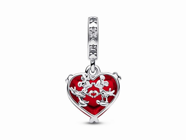 Pandora Disney Charm Anhänger 792522C01 Mickey & Minnie Mouse - Kuss rotes Muranoglas Herz - Silber