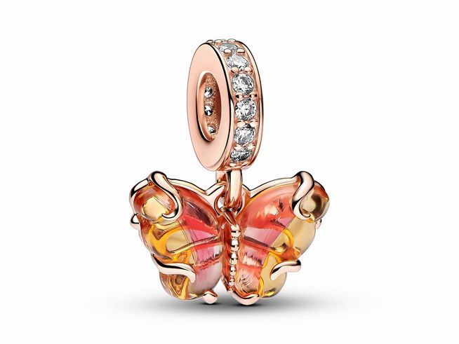 Pandora 782698C01 Rosafarbener & Gelber Murano-Glas Schmetterling Charm - Roségold verg. - Zirkonia Pink